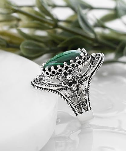 Filigranist 925 Sterling Silver Handcrafted Filigree Art Flower Pattern Woman Oval Statement Ring, Gift Boxed - color: Malachite
