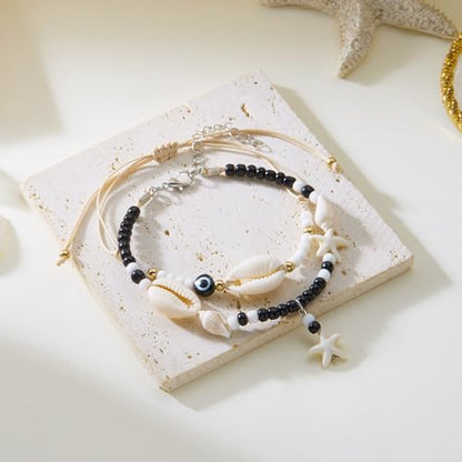 Starfish Mermaid Anklets Bracelets for Women Waterproof Gold Beaded Seashell Starfish Anklets Bohemian Summer Surf Stackable Anklet Bracelet Hawaiian Mermaid Jewelry Outfits for Women - style: Shell Starfish