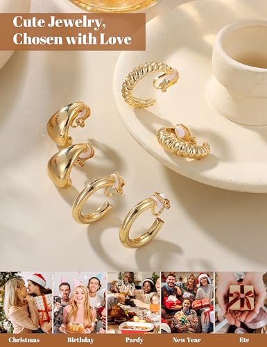 BESTEEL 3Pairs Clip on Earrings for Women Trendy Chunky Hoops Fake Earrings | Hypoallergenic 14K Gold Plated Lightweight Tube Croissant Waterdrop Clip-on Earrings Set Non Pierced Earrings Jewelry Gift - color: Gold-Stylish