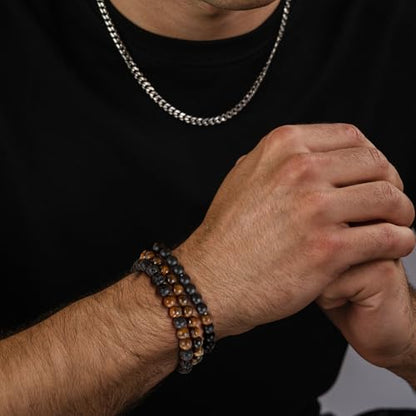 Mens Bead Bracelet Set - Adjustable Elastic Rope With 6&8MM Natural Stone Multi-Colored Beads - Tiger Eye Bracelets for Men - Gift - style: 3,tiger eye,black bracelet