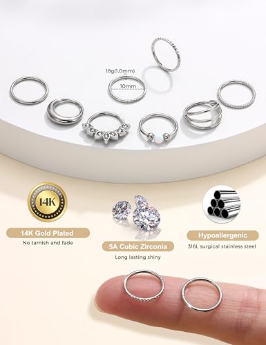LOLIAS Septum Nose Rings Hoops - 316L Surgical Steel Septum Rings CZ Opal Silver 14K Gold Plated Hoop Nose Ring for Women 16G/18G Clicker Cartilage Earring Conch Daith Nostril Piercing Jewelry 8mm/10mm 8Pcs - color: Silver, size: 18G 10MM