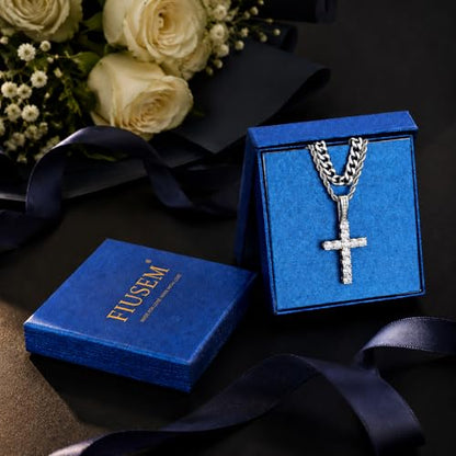 Fiusem Layered Cross Necklace for Men, Stainless Steel Cuban and Rope Chain | Silver Tone/14K Gold Plated Mens Necklace Chain with Cubic Zirconia Cross Pendant - color: Silver, size: 18/20 inches