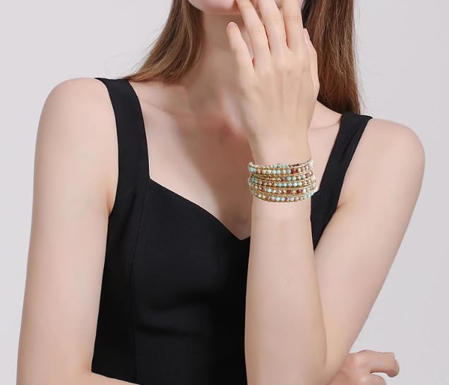 YGLINE Natural Stone Wrap Bracelet for Women Boho Bracelets Healing Crystal Beaded Bracelet Adjustable 3/5 Wraps Bracelet Handmade Birthday Gifts for Women - color: agalmatolite