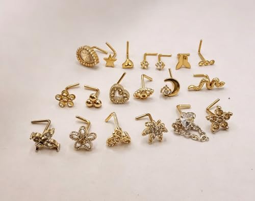 20Pcs L Shaped Nose Studs Set, Stainless Steel & Copper Zircon Inlaid Nose Piercing Jewelry Mixed Flower Moon Snake Heart Star Tiny Nose Pins Unisex for Nostril Piercings - color: gold