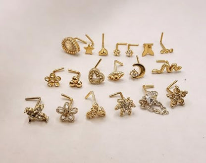 20Pcs L Shaped Nose Studs Set, Stainless Steel & Copper Zircon Inlaid Nose Piercing Jewelry Mixed Flower Moon Snake Heart Star Tiny Nose Pins Unisex for Nostril Piercings - color: gold