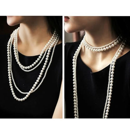 Long Pearl Necklaces for Women Cream White Faux Pearl Strand Layered Necklace Costume Jewelry - color: 2PCS Cream White(6MM+8MM)