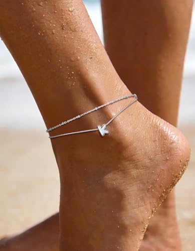 ChainsHouse Initial Ankle Bracelets for Women Waterproof, 14K Gold Plated Layered Initial Anklets Non Tarnish, Adjustable Stainless Steel Women's Ankle Summer Beach Foot Jewelry - color: Stainless Steel, size: Initial K
