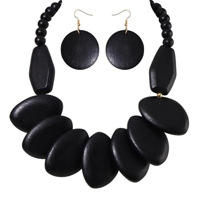 Coiris Chunky Wooden Necklace and Earring Set for Women Boho Statement Jewelry Ethnic Accessories - color: Black
