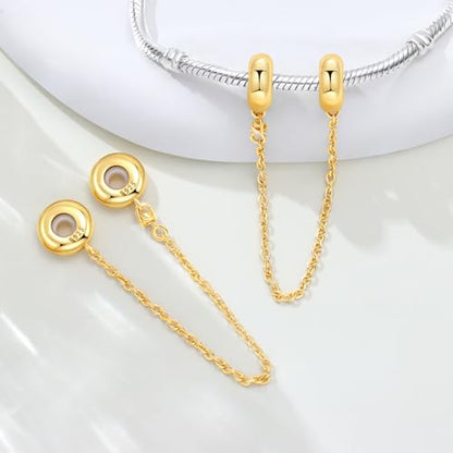 Spacer Stopper Beads for Bracelets & Necklaces, 925 Sterling Silver Beads | Smooth & Pave Cubic Zirconia (White, Blue, 18K Gold Plated) | Anti-Slide Separator Charms S925 Women Jewelry - color: Safety Chain gold simple