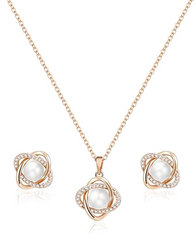 14K Gold Plated and Silver Pearl Jewelry Set for Women - Matching Pearl Necklace and Earring Set with Wrapped Design, June Birthstone Jewelry Set for Gift - color: Rose Gold