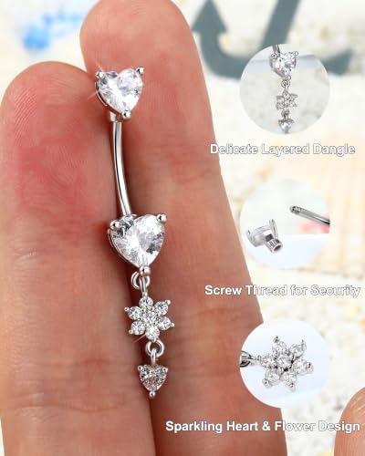 Jewseen Dangle Flower Belly Button Rings 14G Dangle Heart Navel Ring 10MM Gold Curved Barbell Belly Button Piercing for Women Stainless Steel Dainty Navel Piercing Jewelry - color: Silver