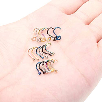 SCERRING 20G 18PCS Stainless Steel Heart Bone L Shaped Screw Nose Stud Rings Piercing Jewelry 2mm Cubic Zirconia - style: 18PCS - Screw