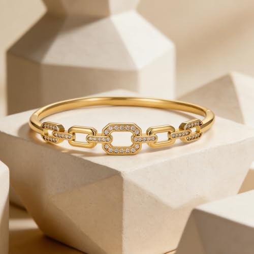 hotoo Gold Plated Bangle Bracelet for Women - style: Diamond-Set Cuban Chain Splicing