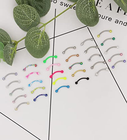 20-48Pcs 16G Eyebrow Piercing Rook Curved Barbell Kit Eyebrow Tragus Lip Rings for Women Men 8-10mm - color: D: 30pcs 10mm bar length