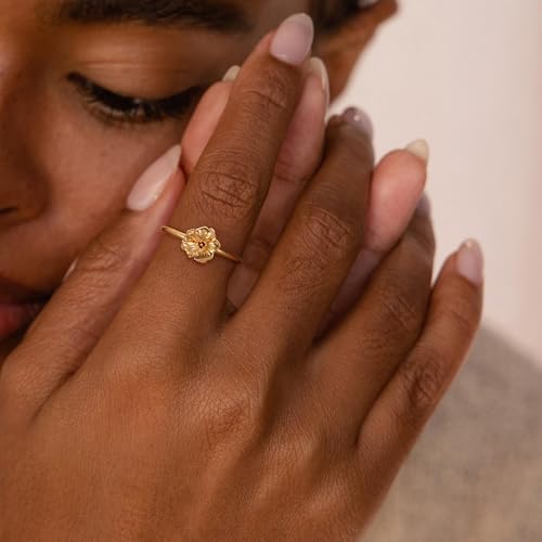 Birth Flower Stacking Ring for Women | 14K Gold Plated Brass, 12 Engraved Floral Motifs, Slim Stack-Ready Band, Available in US Sizes 5-9 - style: Aug.-Poppy