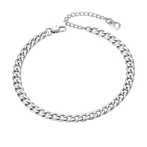 ChainsHouse Ankle Bracelets for Women, Stainless Steel Beaded Chain Ankle Bracelet, Womens Heart Anklets for Summer Beach Jewelry Gifts - color: B: cuban-5mm-stainless