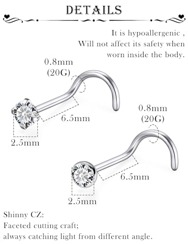 18G 20G 22G Stainless Surgical Steel Titanium Nose Rings Studs for Women L Shaped Nose Studs Screw Nose Rings Nostrial Piercing Jewelry for Women Men Silver Gold Black - style: 20G/2.5mm CZ/Screw/Titanium