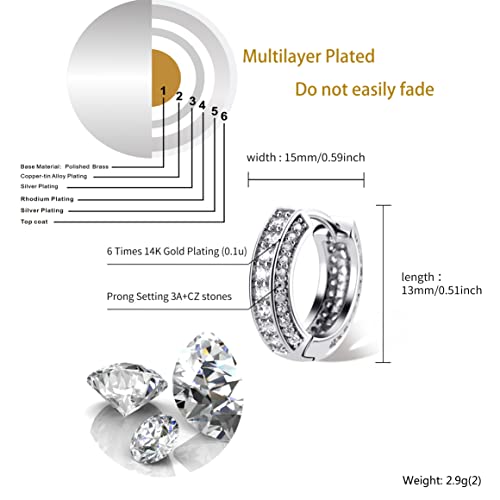 Iced Out Hoop Earrings Cubic Zirconia Huggie Cartilage Cuff Hypoallergenic 14K Gold Plated Luxury Fashion Round Circle Earrings For Men Women - color: 01 Silver