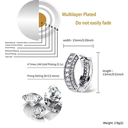 Iced Out Hoop Earrings Cubic Zirconia Huggie Cartilage Cuff Hypoallergenic 14K Gold Plated Luxury Fashion Round Circle Earrings For Men Women - color: 01 Silver
