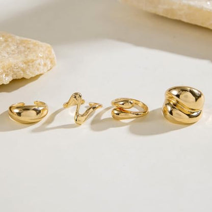 Roe Dolph Chunky Gold Rings for Women Stackable Statement Ring Set | Mixed sculptural shapes and polished surfaces create bold stacking combinations for parties dinners and everyday outfits - color: A2