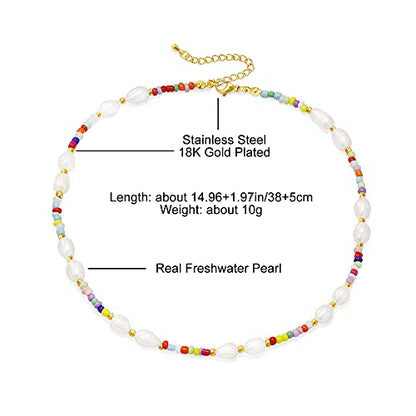 Wellike Freshwater Pearl Beaded Necklace for Women Handmade Boho Colorful Glass Beads Choker Necklace Stainless Steel 18K Gold Plated Bohemian Women Summer Jewelry Gifts - color: KKWX1070