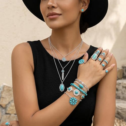 19 Pieces Bohemian Jewelry Set for Women Turquoise Necklace Dangle Earrings Stackable Bangle Bracelets Knuckle Rings Vintage Western Boho Turquoise Jewelry Set Gift