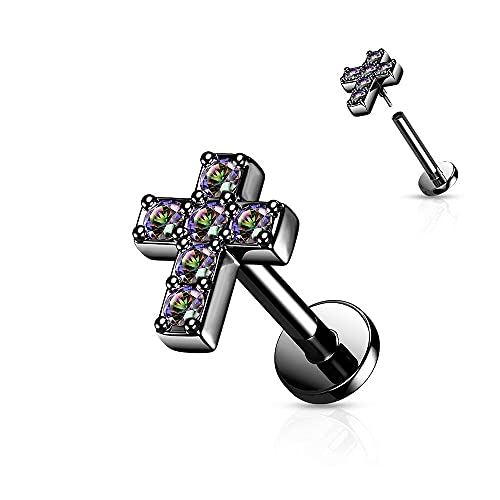 Covet Jewelry 6 CZ Cross Top with Internally Threaded Surgical Steel Flat Back Studs with Extended Threading for Labret, Monroe, Cartilage and More - style: 16GA, L: 5/16" (8mm), Black/Vitrail Medium