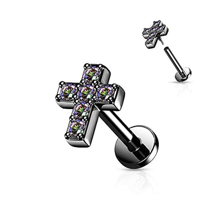 Covet Jewelry 6 CZ Cross Top with Internally Threaded Surgical Steel Flat Back Studs with Extended Threading for Labret, Monroe, Cartilage and More - style: 16GA, L: 5/16" (8mm), Black/Vitrail Medium