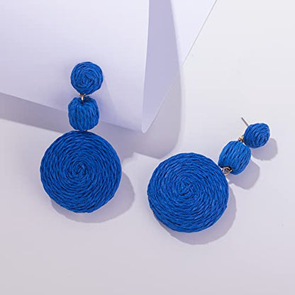 Statement Raffia Boho Round Dangle Ball Earrings - Cute Handmade Summer Bohemian Dangling Jewelry for Women - color: Royal Blue
