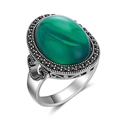 Mytys Retro Vintage Cocktail Statement Ring Black Marcasite & Crystal Rings for Women Antique Silver Big Black Onyx Stone Ring - color: Silver 11
