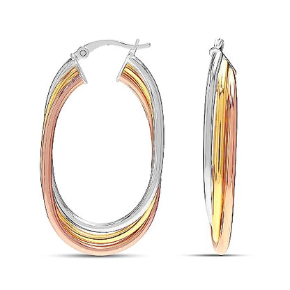 LeCalla 925 Sterling Silver Chunky Hoop Earrings | 14K Two-Tone Three-Tone Hoop Earrings | Intertwining Oval Shape Polished Twisted Hoop Earrings for Women - color: "Large" Tri-Tone 42mm