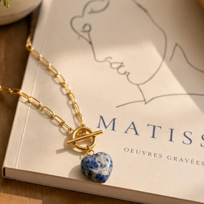 Teardrop CZ Pendant Paperclip Chain Necklace 18K Plated Paperclip Toggle Necklace Jewelry Birthstone Gift for Women - color: Blue patterned