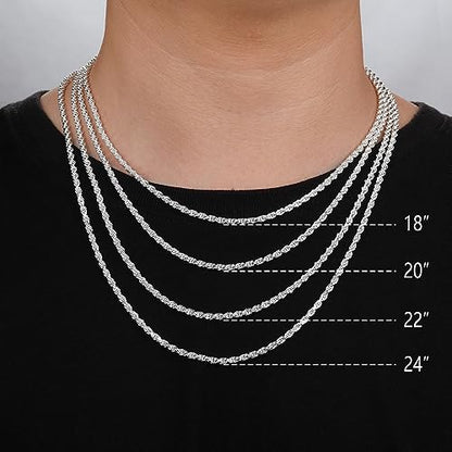 BRIJEWNES 925 Sterling Silver Clasp 2/2.5/3/4/5mm Silver Chain for Men Mens Necklace Rope Chain Necklace Diamond Cut Silver Mens Chain Necklace 16 18 20 22 24 26 28 30 Inches - size: 30, style: 3mm