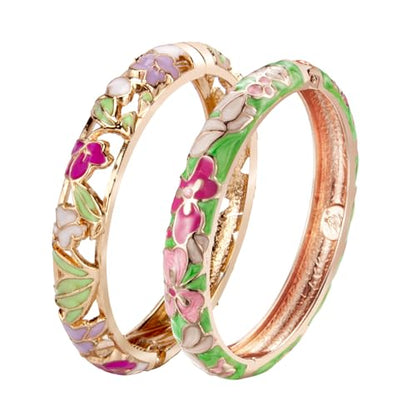 UJOY Cloisonne Bracelet Lotus Flower Plated Cuff Bangle Enameled Jewelry Bracelets Gift for Women Pack in Case 88B16 - color: 2 Pcs Set-White and Green