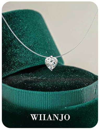 Teardrop 925 Silver CZ Floating Pendant Necklace 16 Inch Cubic Zirconia Invisible Necklace, Hypoallergenic, Jewelry Gifts for Women Anniversary Birthday - color: Heart-Shaped