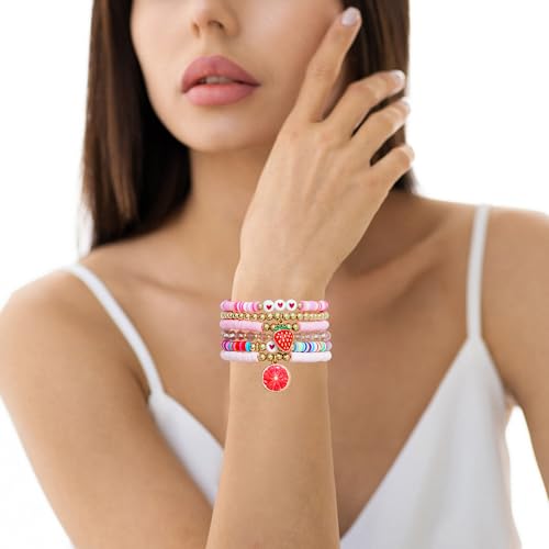 Summer Surfer Heishi Bracelet Set for Women Stackable Gold Plated Clay Ploymer Bead Stretch Pink Beach Layering Bracelets Jewelry - color: A-Pink Grapefruit Set