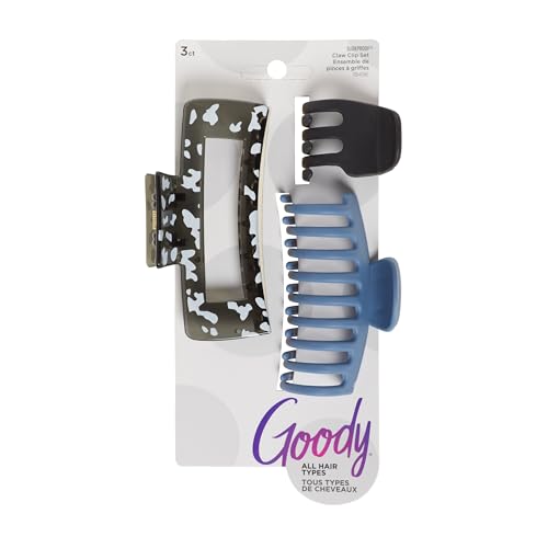Goody SlideProof Rectangular Claw Clips, 3 Ct - 1 Small + 2 Large Claw Clips, Cool Tones, Styling Accessories with Secure Grip, Hair Accessories for Women & Men, For All Occasions, All Hair Types - color: Black/Blue/Multi (Rectangle Claw), size: 3 Count (