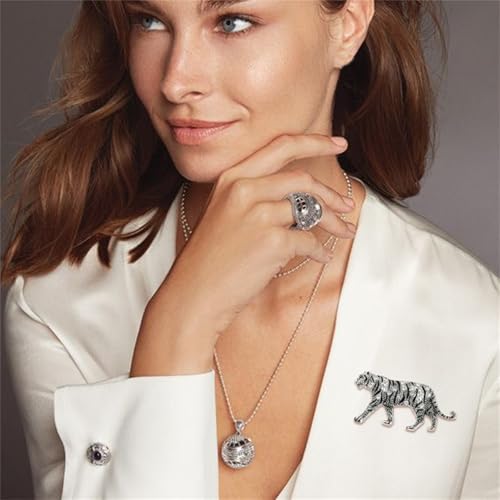Luxury Crystal Tiger Brooch Pins for Women Men Vintage Gold-Tone Climbing Black Spots Leopard Brooch Fashion Panther Cougar Pin Suit Jackets Coat Animal Jewelry Gift - style: Silver