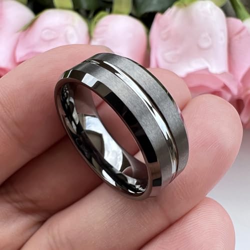 TUTISS 6mm 8mm Silver/Black/Blue/Gunmetal/Gold/Rose Gold Tungsten Rings for Men Women Fashion Engagement Wedding Bands Matte Finish Beveled Edges Comfort Fit - color: 8mm Gunmetal Tungsten