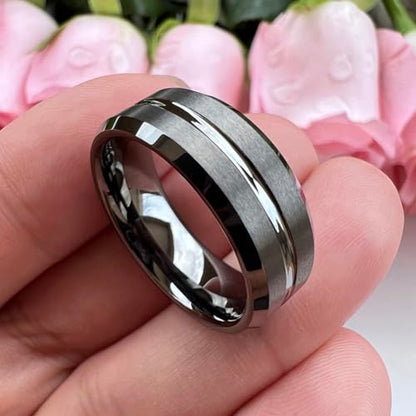 TUTISS 6mm 8mm Silver/Black/Blue/Gunmetal/Gold/Rose Gold Tungsten Rings for Men Women Fashion Engagement Wedding Bands Matte Finish Beveled Edges Comfort Fit - color: 8mm Gunmetal Tungsten
