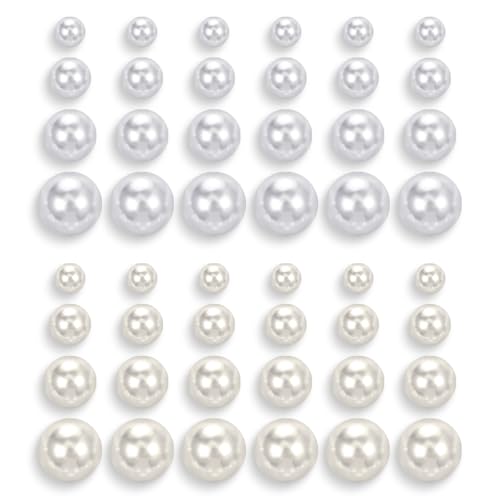 24 Pairs Pearl Studs Earrings for Women, Faux Simulated Pearl Earrings 4 Mixed Sizes Round Ball Pearls Stud Earring Set - color: White, Beige
