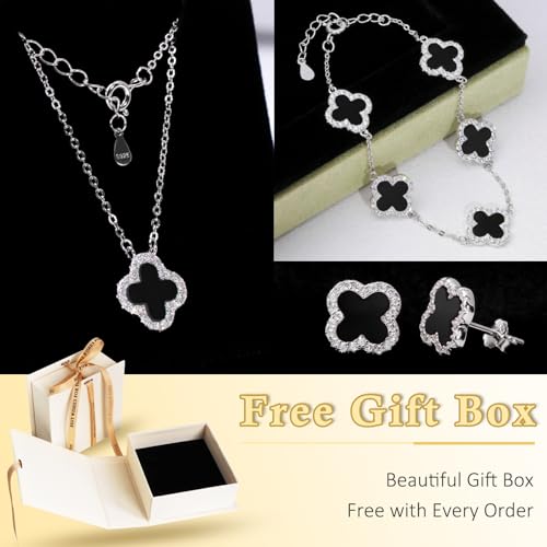 925 Sterling Silver Four Leaf Clover Bracelet – Real Silver Lucky Clover Jewelry for Women, Dainty Good Luck Gift for Her - color: Rhodium Plated – Black Onyx Set