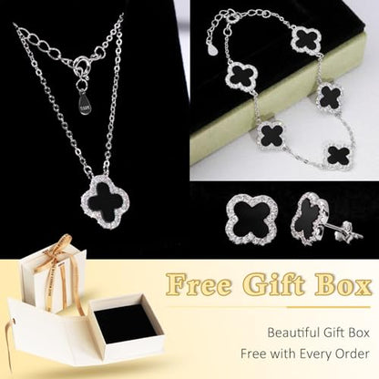925 Sterling Silver Four Leaf Clover Bracelet – Real Silver Lucky Clover Jewelry for Women, Dainty Good Luck Gift for Her - color: Rhodium Plated – Black Onyx Set