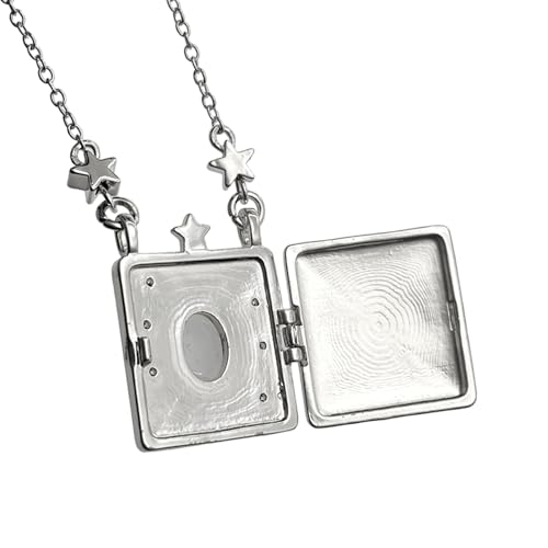 Personalized Color Print Photo Locket Custom Text Engraved Pendant Gold Tone Opal Star Moon Charm Necklace Gift - style: Text (Silver)