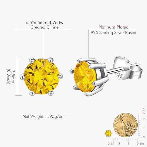 DAYBYDAY 925 Sterling Silver Birthstone Earrings for Women, Crystal Stud Earrings, 6.5mm Round Cut Solitaire Gemstone Earrings Birthday Jewelry - style: Round Cut-11. Nov/created citrine