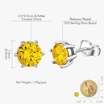 DAYBYDAY 925 Sterling Silver Birthstone Earrings for Women, Crystal Stud Earrings, 6.5mm Round Cut Solitaire Gemstone Earrings Birthday Jewelry - style: Round Cut-11. Nov/created citrine