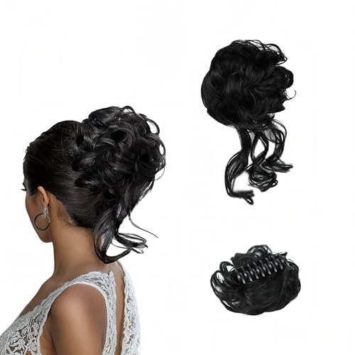 Black Messy Bun Hair Clips with Hair Attached Curly Ponytail Extension Easy Updo Hair Piece for Ladies - color: Natural Black