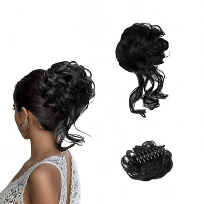 Black Messy Bun Hair Clips with Hair Attached Curly Ponytail Extension Easy Updo Hair Piece for Ladies - color: Natural Black
