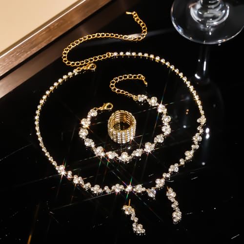 Wedding Jewelry Sets for Brides Rhinestone Necklace and Earring Set Bracelet Ring Gold Silver Prom Jewelry Sets Diamond Flower Teardrop Necklace for Women - color: Style1-Gold-4pcs Wide