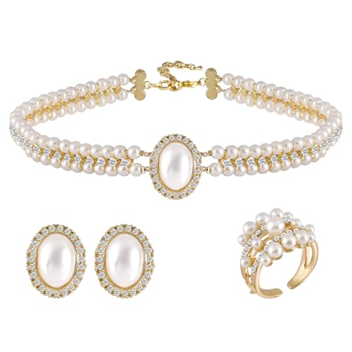 Pearl Jewelry Set for Women Faux Pearl Costume Jewelry Set with Necklace, Bracelets, Ring, Earrings for Wedding Bridal Birthday Tea Party - color: Milky White